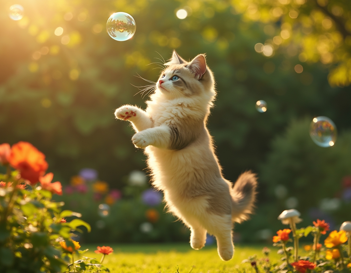 Cat leaps gracefully at a floating bubble, surrounded by a vibrant garden filled with flowers and greenery.